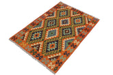 Flat Weave Kilim Antique Navaho Vintage handmade Geometric Kilim Rust Gold Hand-Woven Rectangle 100% Wool Area Rug 3x5